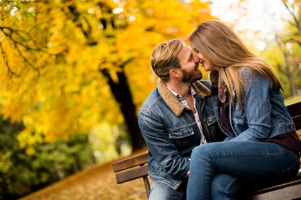 Coppia giovane nel parco autunnale — Foto Stock