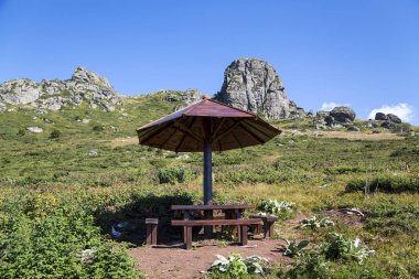 Bir dağ Picninc bankta