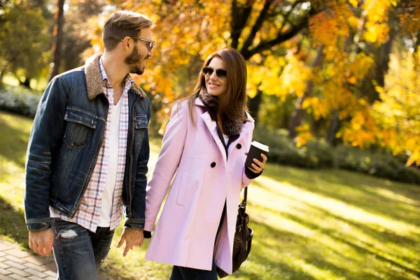 Pareja cariñosa en el parque de otoño — Foto de Stock