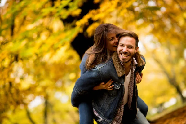 Pareja joven en el parque de otoño —  Fotos de Stock