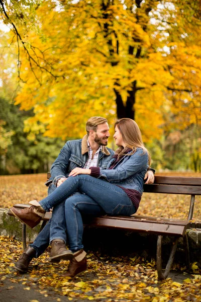 对年轻夫妇在秋天的公园 — 图库照片