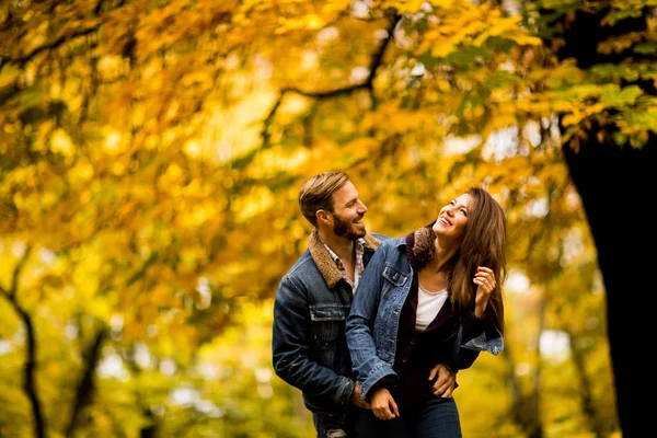 Jong paar in de herfst park — Stockfoto