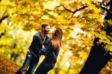 sonbahar parkta genç Çift