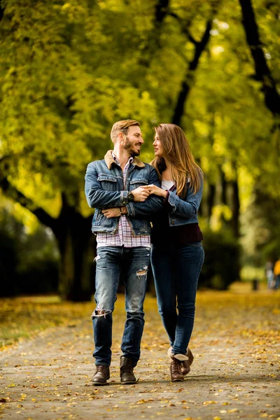 Jovem casal no parque de outono — Fotografia de Stock