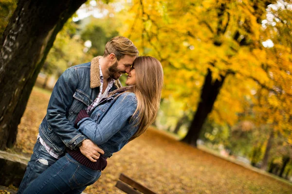 Młoda para w parku jesień — Zdjęcie stockowe