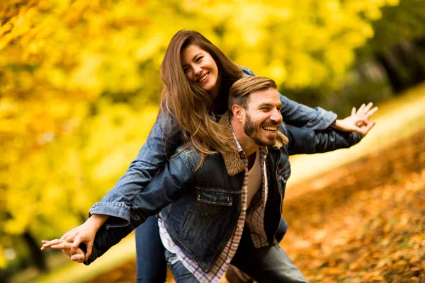 Jovem casal no parque de outono — Fotografia de Stock