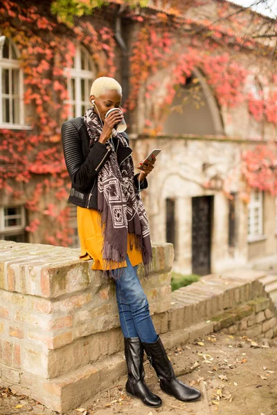 스마트폰으로 젊은 아프리카계 미국인 여자 — 스톡 사진