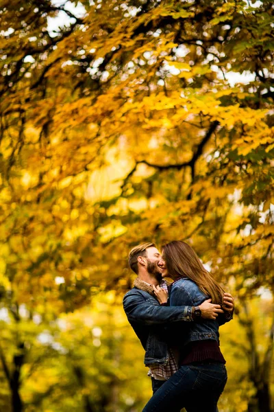 对年轻夫妇在秋天的公园 — 图库照片