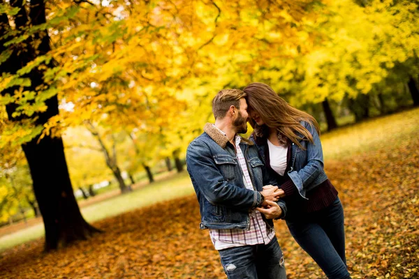 Ζευγάρι ερωτευμένων στο πάρκο φθινόπωρο — Φωτογραφία Αρχείου
