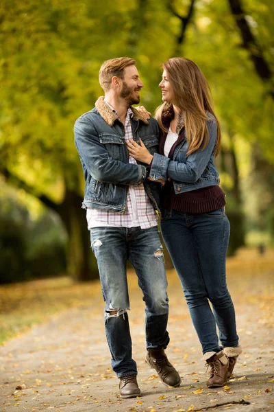 Любящая пара в осеннем парке — стоковое фото