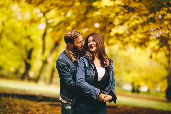 Loving couple in autumn park — Stock Photo, Image