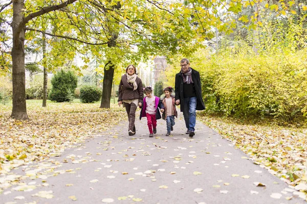 Abuelos con nietos en el parque de otoño — Foto de Stock