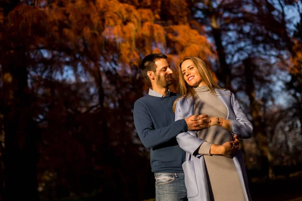 Coppia felice nel parco d'autunno — Foto Stock