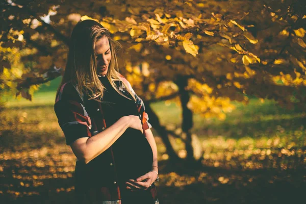 Těhotná žena pózující v parku — Stock fotografie
