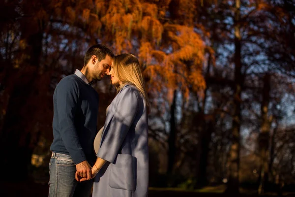 Coppia felice nel parco d'autunno — Foto Stock