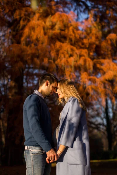 Coppia felice nel parco d'autunno — Foto Stock