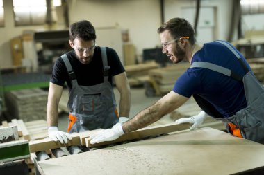 Young men working in lumber workshop clipart