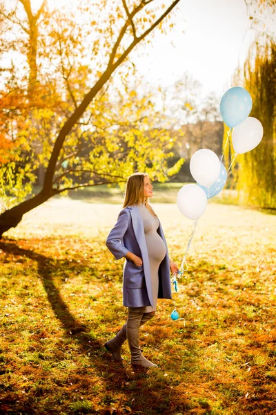 Беременная женщина с шариками в осеннем лесу — стоковое фото