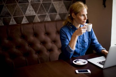 Kafede dizüstü bilgisayar ile genç ve güzel kadın