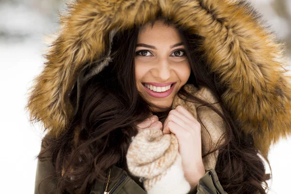 Kvinna med en päls huva i Vinterparken — Stockfoto