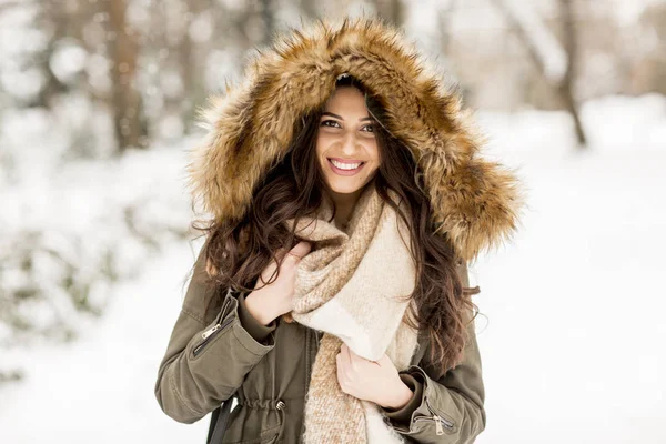 Mujer con capucha de piel en el parque de invierno — Foto de Stock