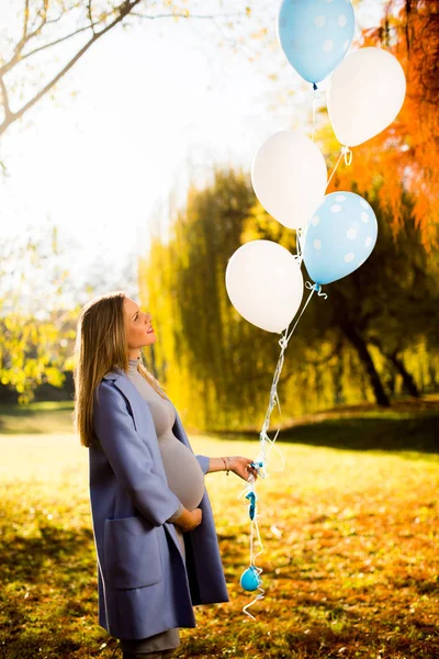 Zwangere vrouw met ballonnen in herfst bos — Stockfoto