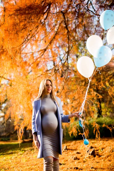 Беременная женщина с шариками в осеннем лесу — стоковое фото