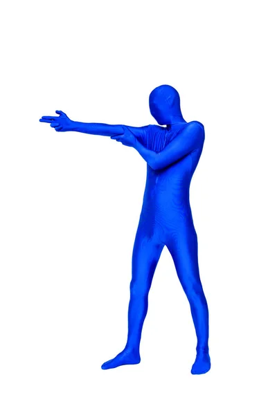 Man in morphsuit shows the firing of guns — Stock Photo, Image