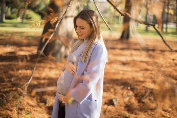 Femme enceinte posant dans le parc — Photo