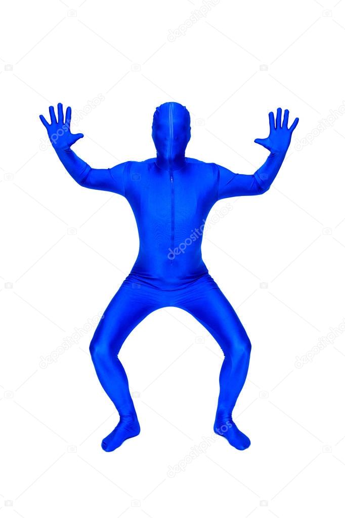 Mysterious blue man in morphsuit