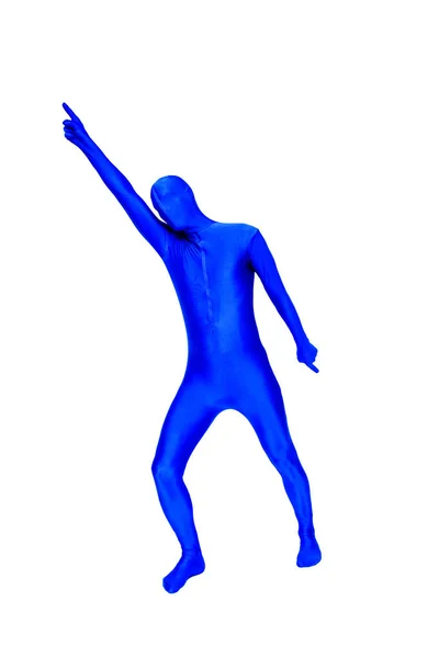 Man in morphsuit points the finger up — Stock Photo, Image