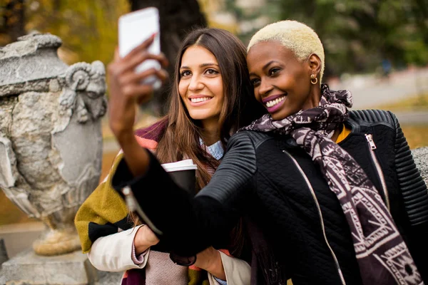 Multiracial women taking selfie outdoor — Stock Photo, Image