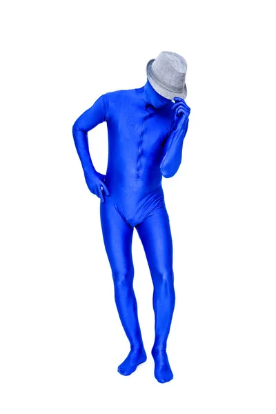 Man in morphsuit wears a white hat — Stock Photo, Image