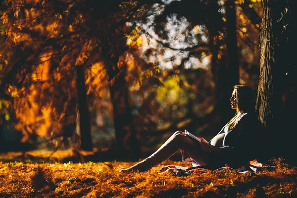 Femme enceinte posant dans le parc — Photo