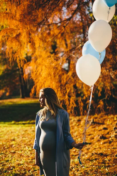 Mujer embarazada con globos en el bosque —  Fotos de Stock