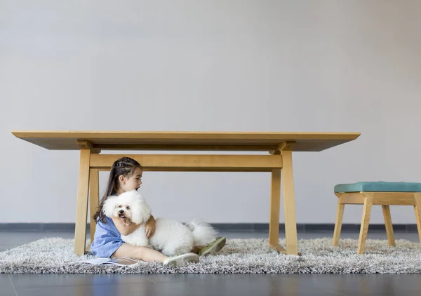 Menina brincando com poodle no quarto — Fotografia de Stock