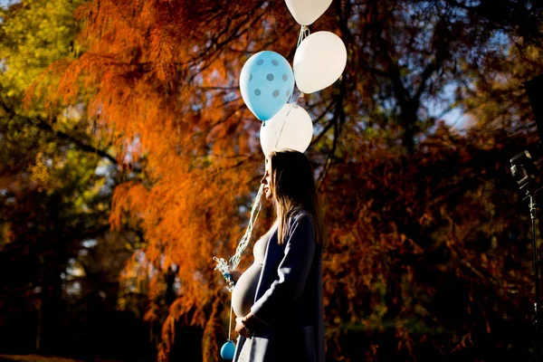 Femme enceinte avec des ballons dans la forêt — Photo