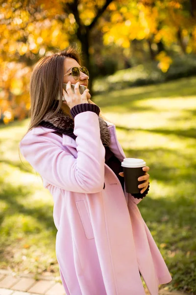 Mulher no parque de outono com telefone — Fotografia de Stock