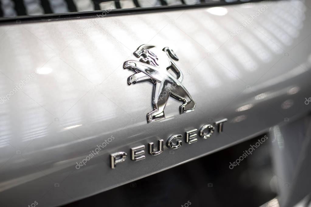BELGRADE, SERBIA - MARCH 28, 2017: Detail of the Peugeot car at Belgrade, Serbia. Peugeot as car manufacturer was founded at 1882.