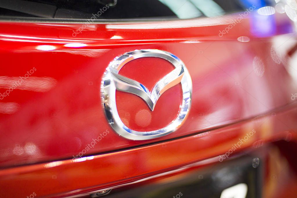 BELGRADE, SERBIA - MARCH 28, 2017: Detail of the Mazda car. Mazda was founded in 1920 in Hiroshima by Jujiro Matsuda.