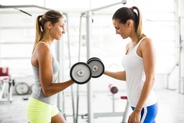 Ağırlık kaldırma egzersizleri spor salonunda egzersiz iki genç kadın