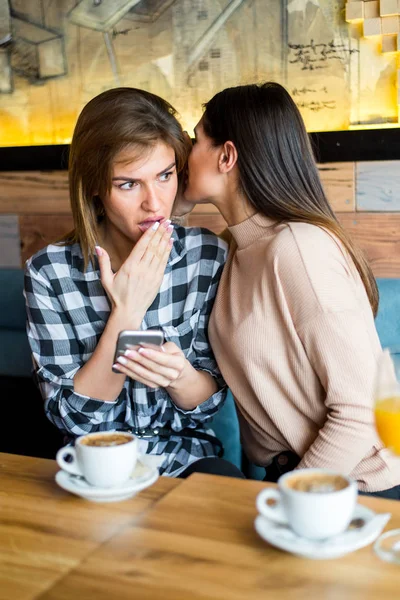 Dos amigas jóvenes sentadas en la cafetería — Foto de Stock