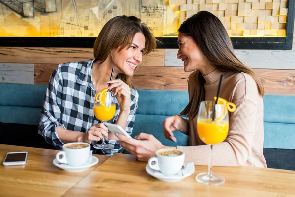 To unge kvindelige venner sidder i cafe - Stock-foto