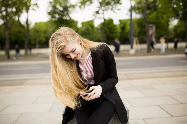 Cute Young Blonde Woman Street Mobile Phone — Stock Photo, Image