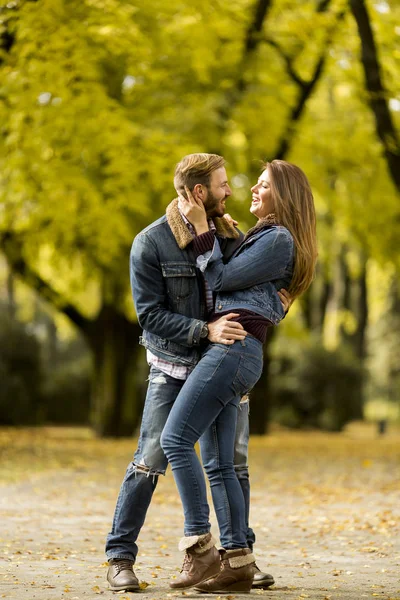 在秋天公园拥抱的一对微笑的情侣 — 图库照片