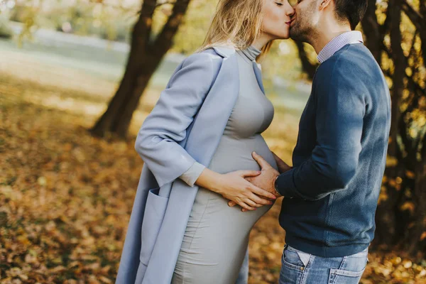 Mulher grávida e seu homem amoroso posando no parque de outono — Fotografia de Stock