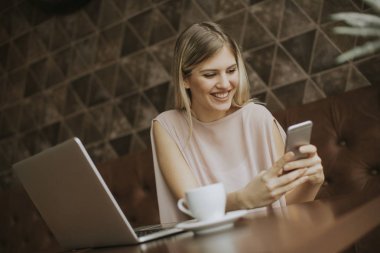 Dizüstü bilgisayar ile genç serbest meslek sahibi kadın