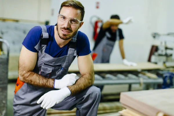 Trabalhadores jovens que trabalham na fábrica de móveis — Fotografia de Stock