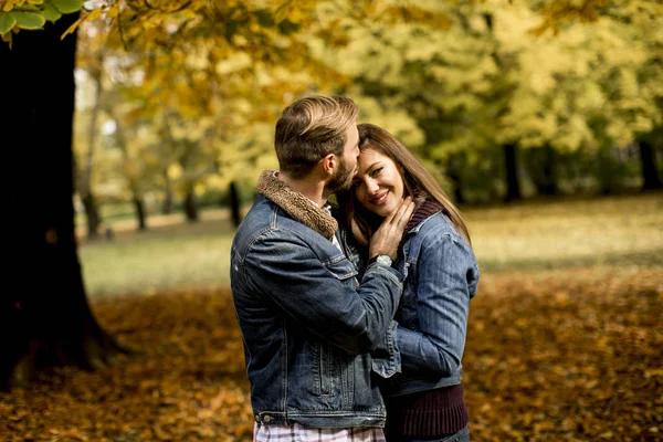 Jeune couple amoureux dans le parc d'automne — Photo