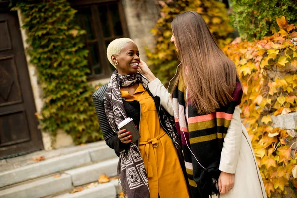 Zwei junge hübsche multirassische Freundinnen an einem Herbsttag — Stockfoto